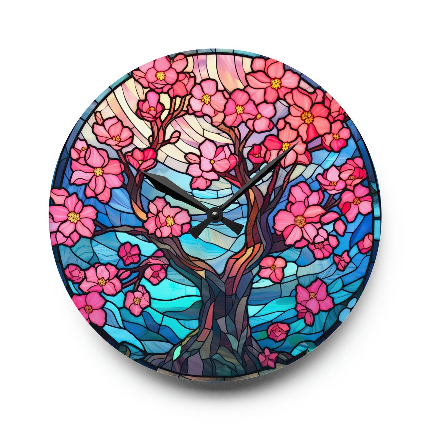 Cherry Blossom Tree Stained Glass Inspired, Sakura Pink & Blue Acrylic Wall Clock | lovevisionkarma.com