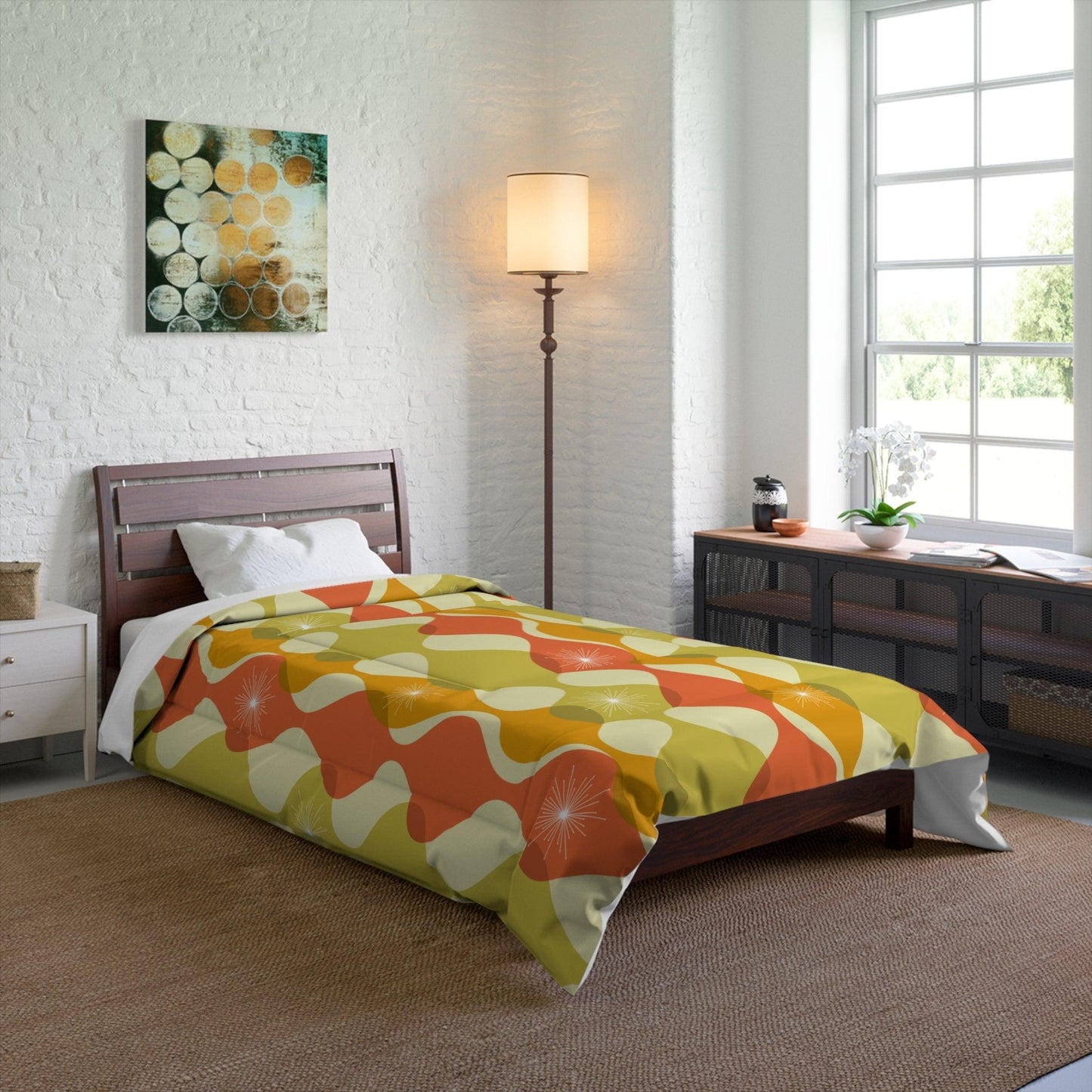 Retro 60s 70s Mid Century Mod Groovy Abstract Green, Orange & Mustard Comforter | lovevisionkarma.com
