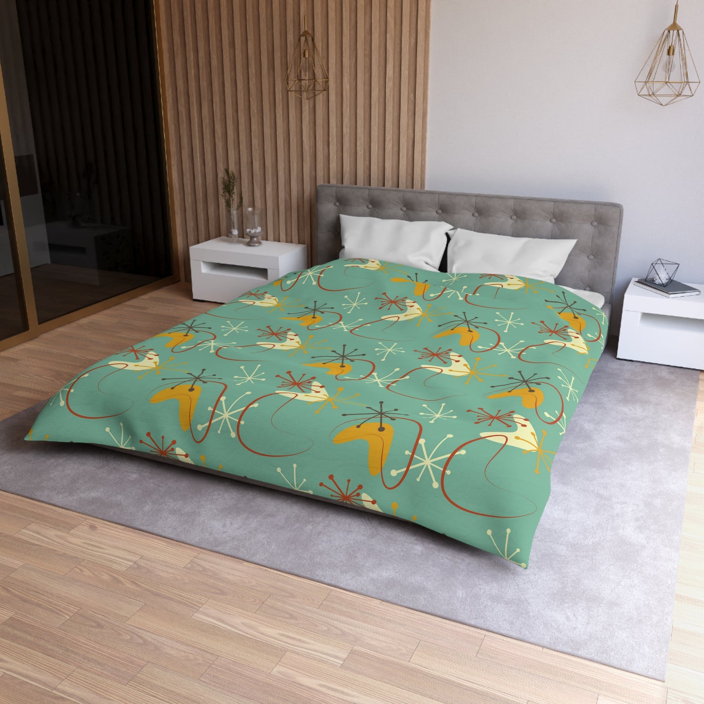 Retro Atomic Starburst & Boomerang Mid Century Blue & Mustard Duvet Cover
