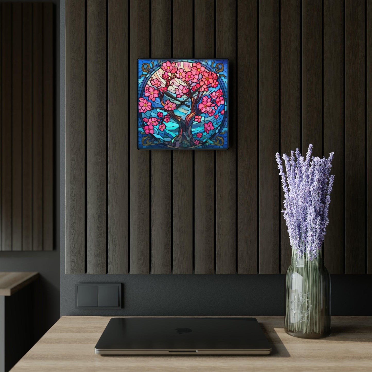 Cherry Blossom Tree Stained Glass Inspired, Sakura Pink & Blue Acrylic Wall Clock | lovevisionkarma.com