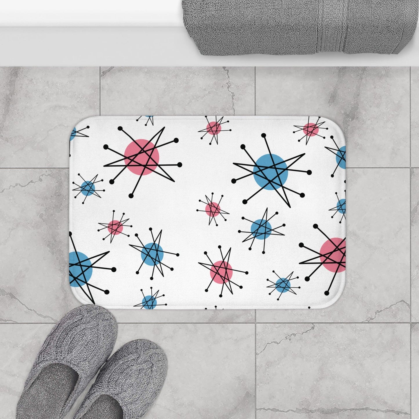 Retro 50s Starburst Franciscan Inspired Mid Century Mod Pink & Blue Bath Mat | lovevisionkarma.com