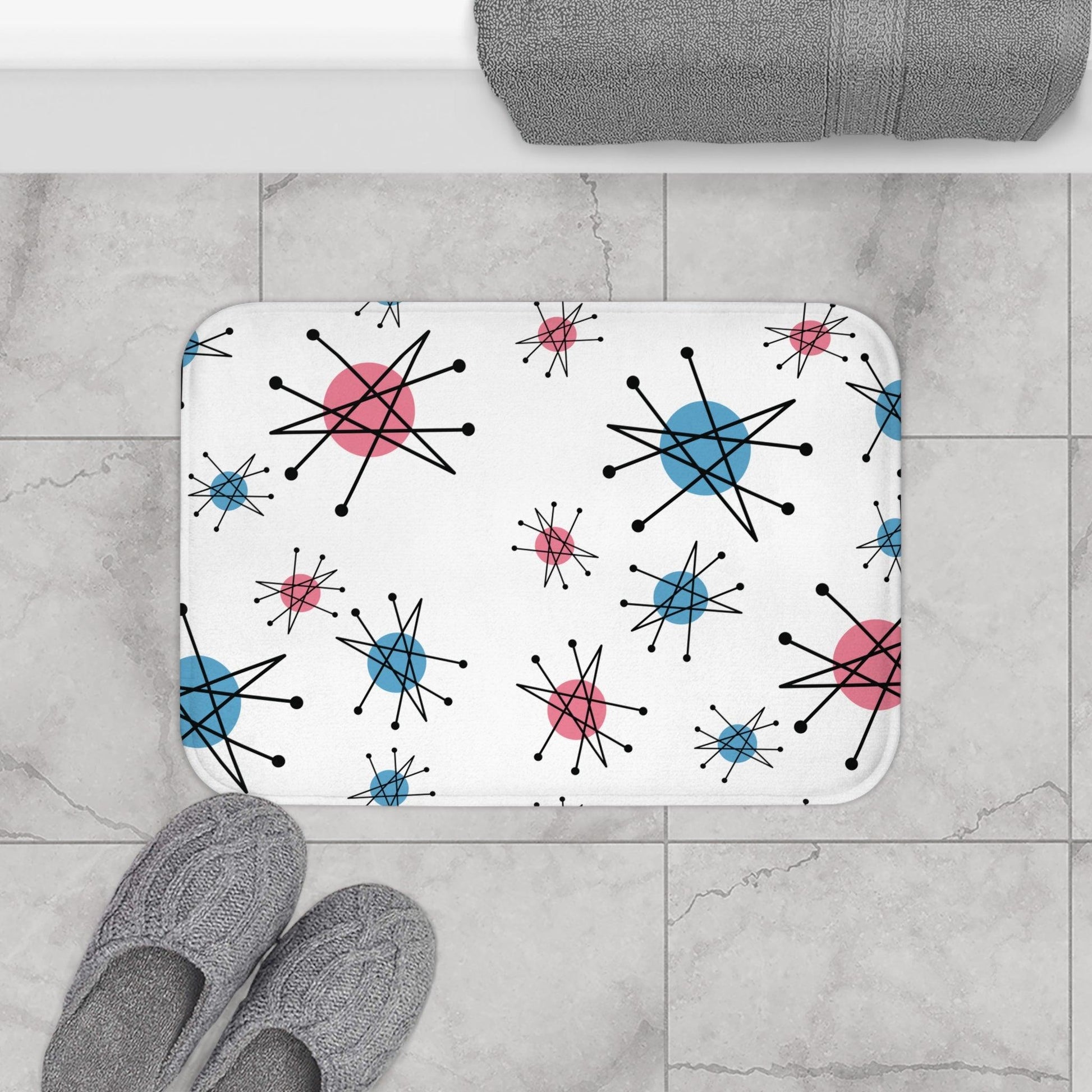 Retro 50s Starburst Franciscan Inspired Mid Century Mod Pink & Blue Bath Mat | lovevisionkarma.com