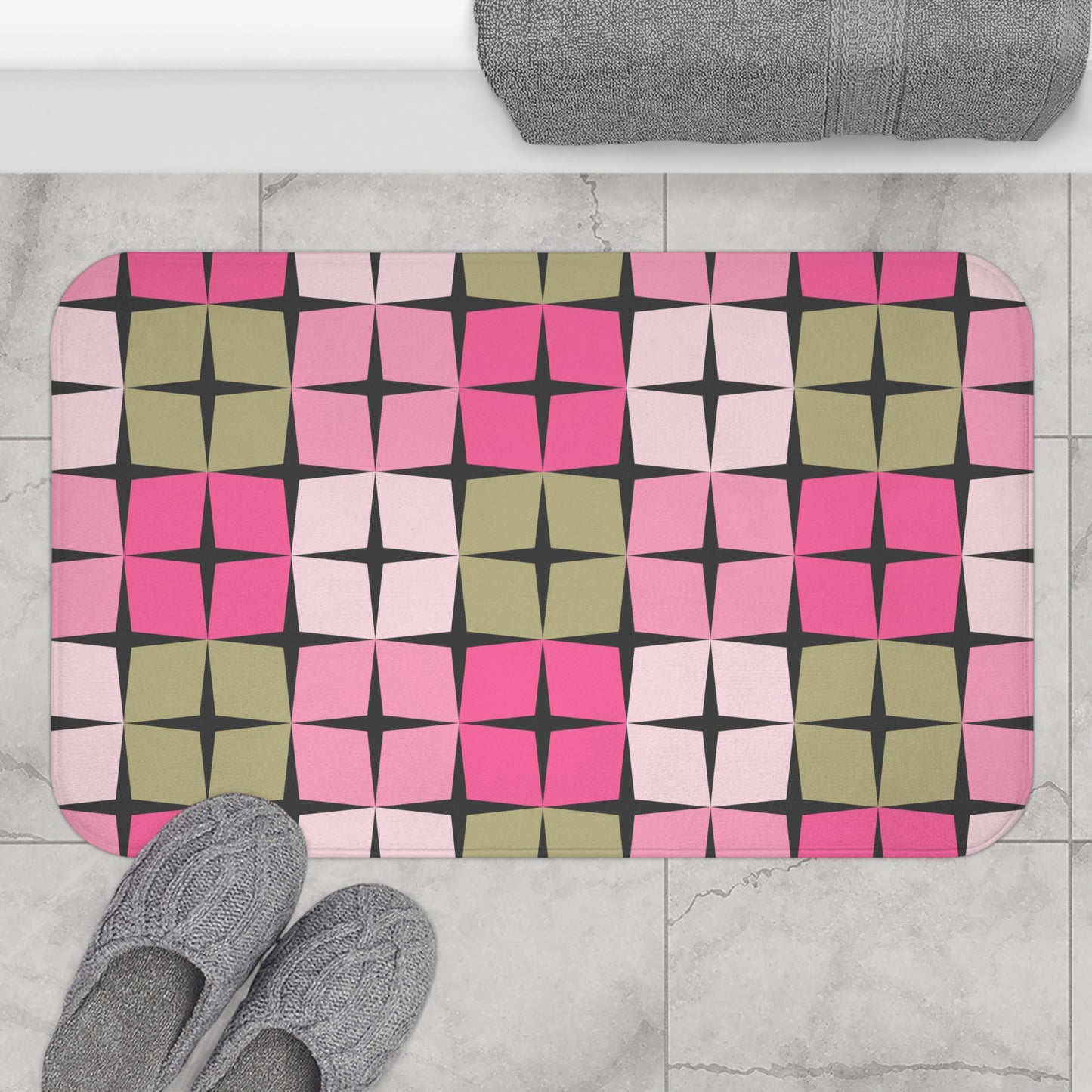 Palm Springs Inspired Retro 50s 60s Atomic Star Mid Century Mod Pink & Green Bath Mat