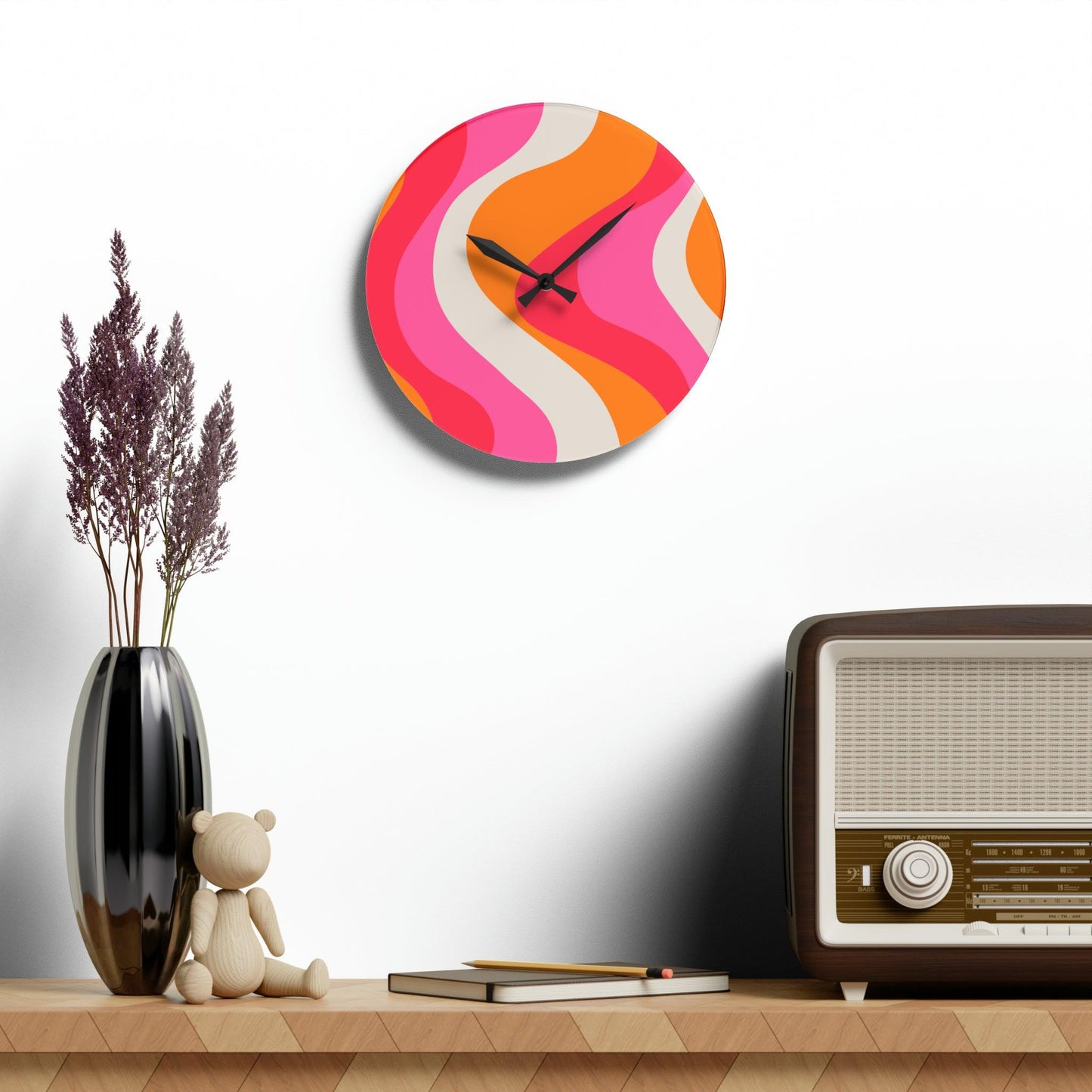 Groovy 60's Hippie Swirl Pink & Orange Mid Century Mod Acrylic Wall Clock | lovevisionkarma.com