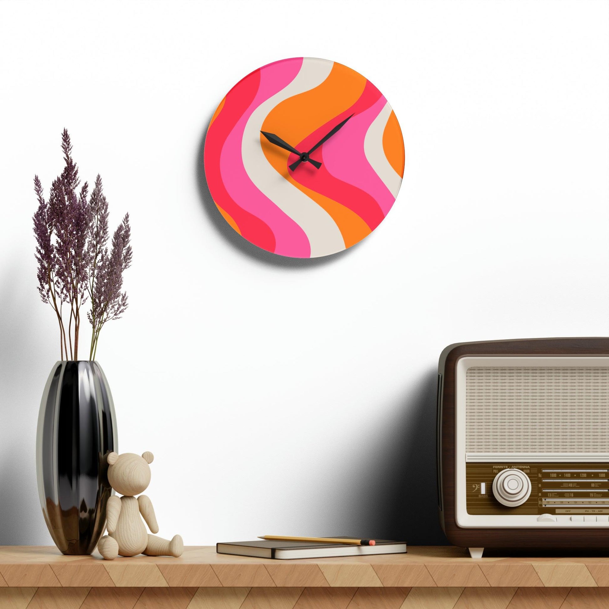 Groovy 60's Hippie Swirl Pink & Orange Mid Century Mod Acrylic Wall Clock | lovevisionkarma.com