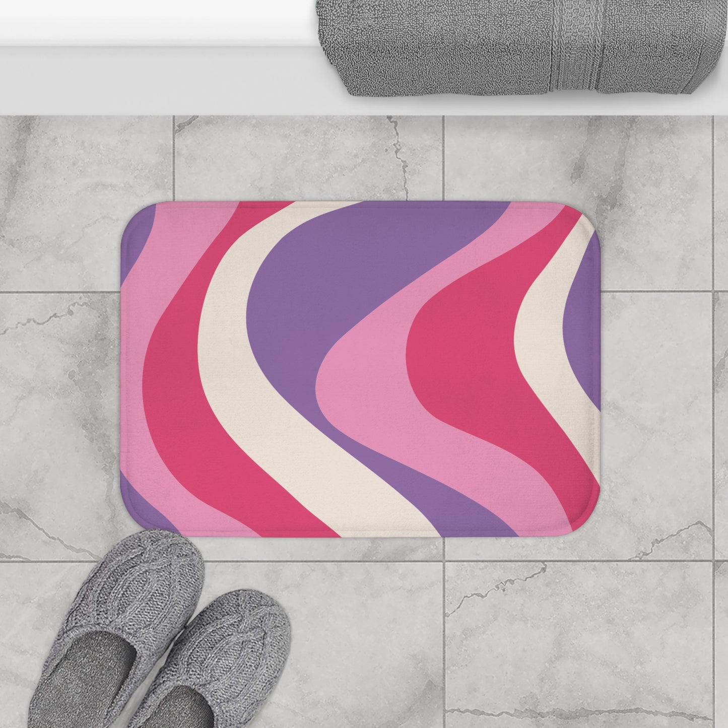 Retro 60s Groovy Hippie Swirl MCM Pink & Purple Bath Mat