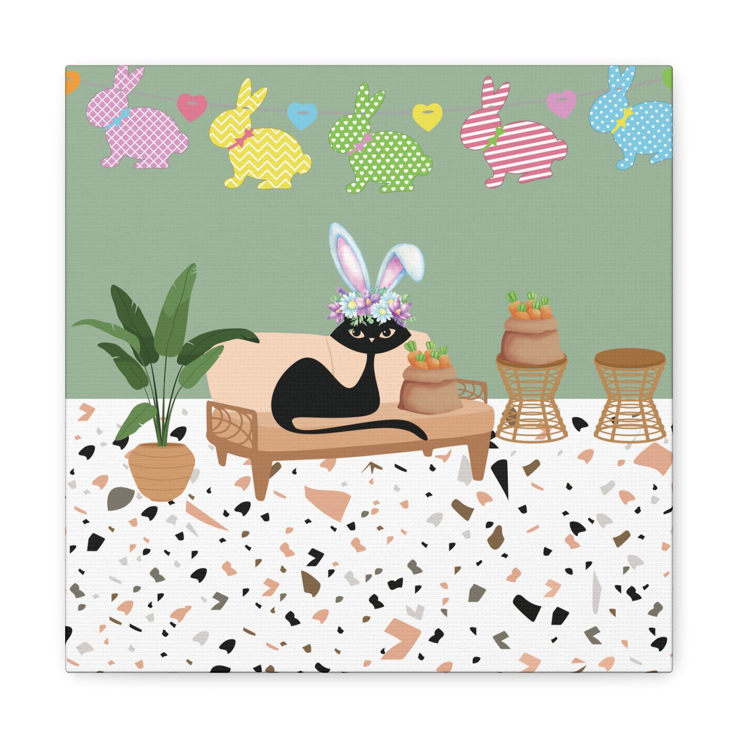 Retro Easter 1950's Atomic Cat Mid Century Mod Canvas Gallery Wrap