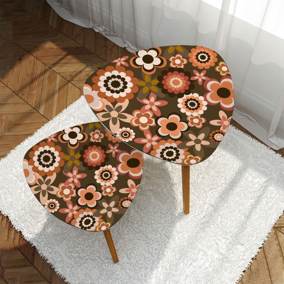 Retro 60s 70s Groovy Flowers Boho MCM Brown Nesting Accent Tables