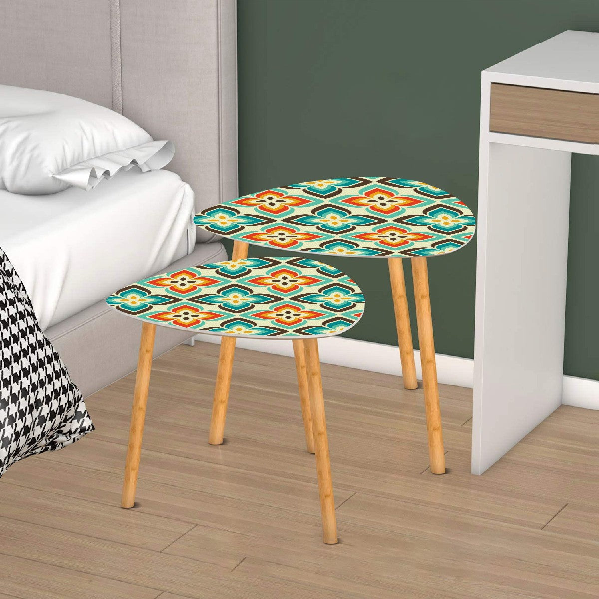 Retro 50s 60s Flowers Mid Century Mod Blue and Orange Nesting Tables