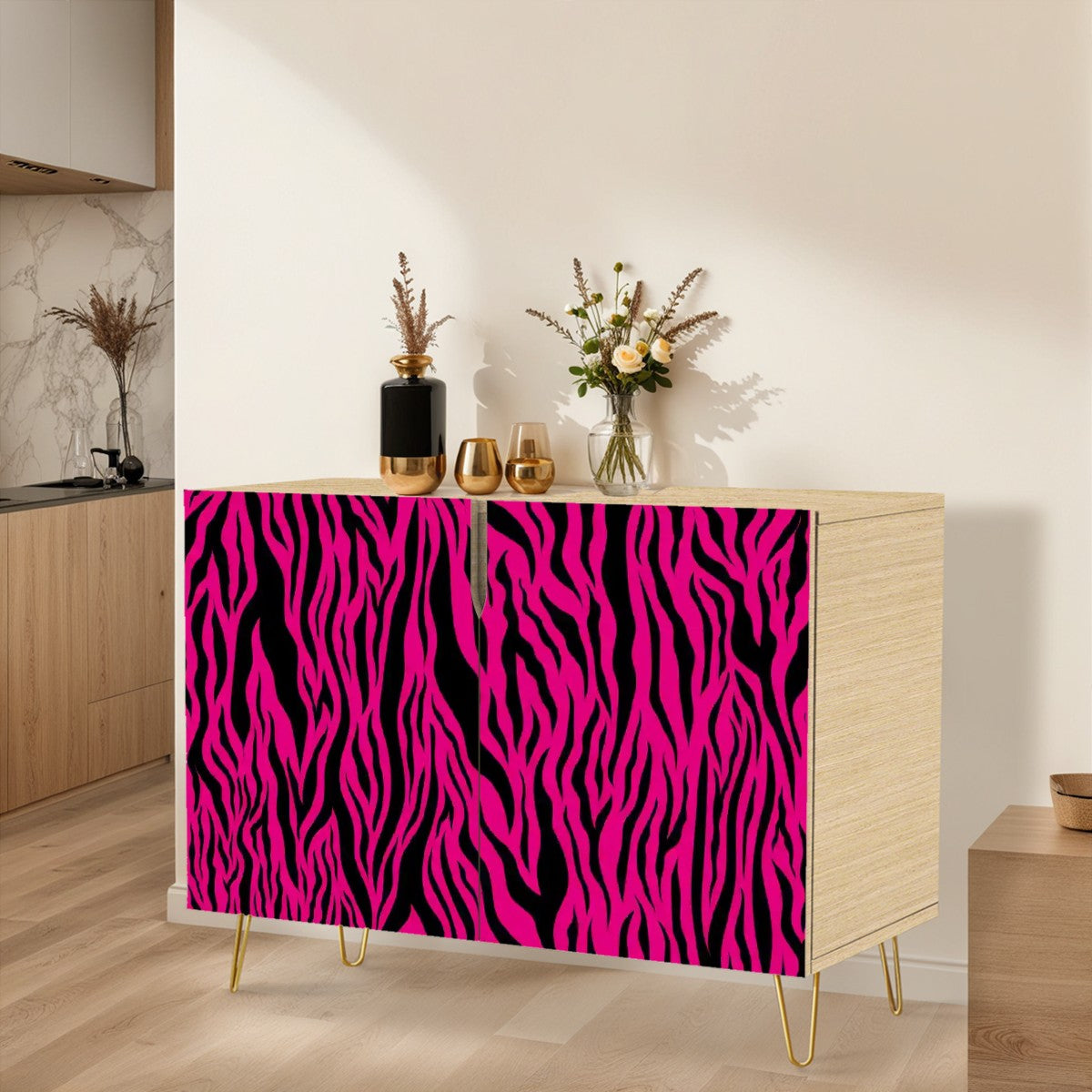 Pink & Black Tiger Stripe Animal Print MCM Sideboard, Credenza, Wooden Storage Cabinet