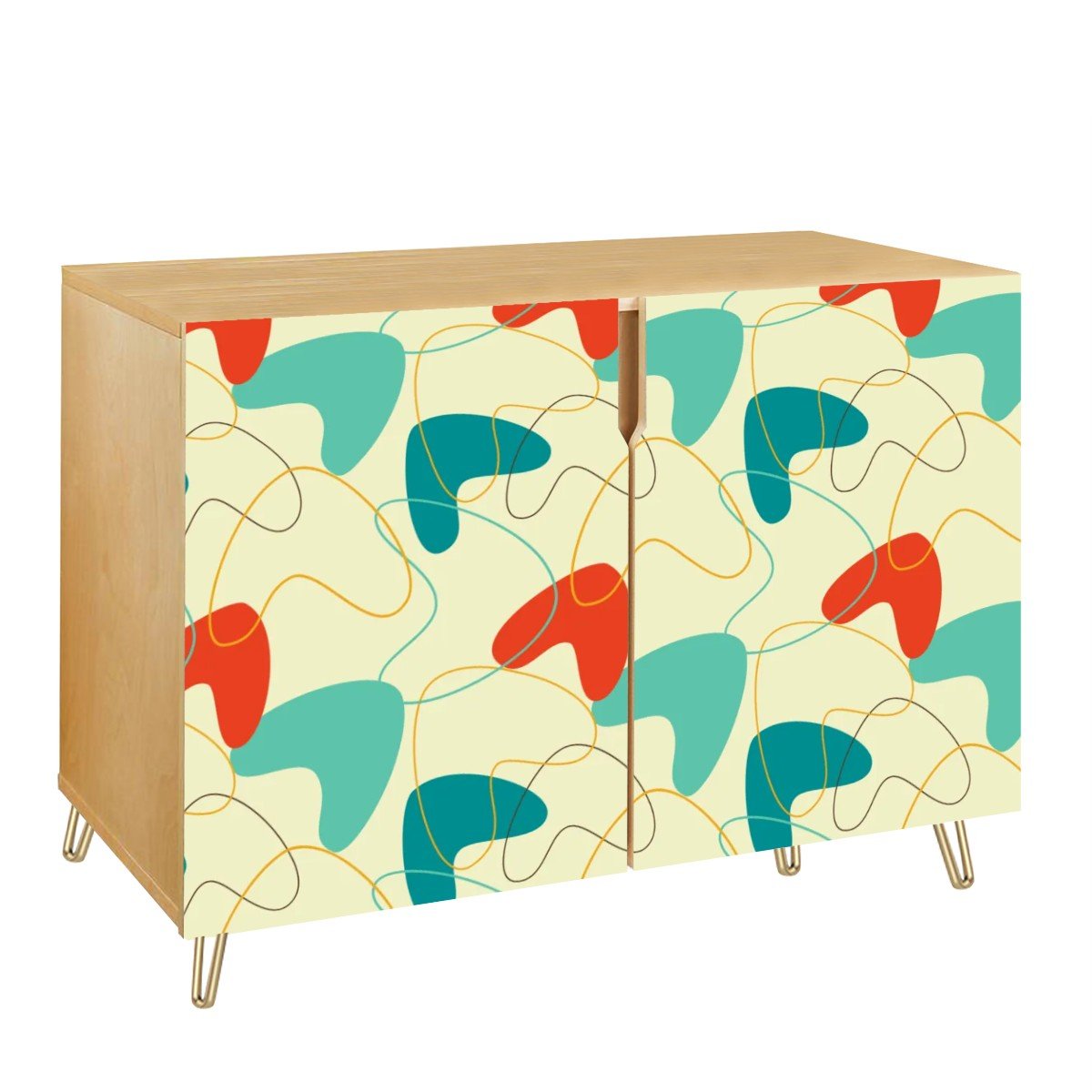 Retro 50's Atomic Boomerang Mid Century Mod Blue, Orange and Cream Sideboard, Credenza, Wooden Storage Cabinet