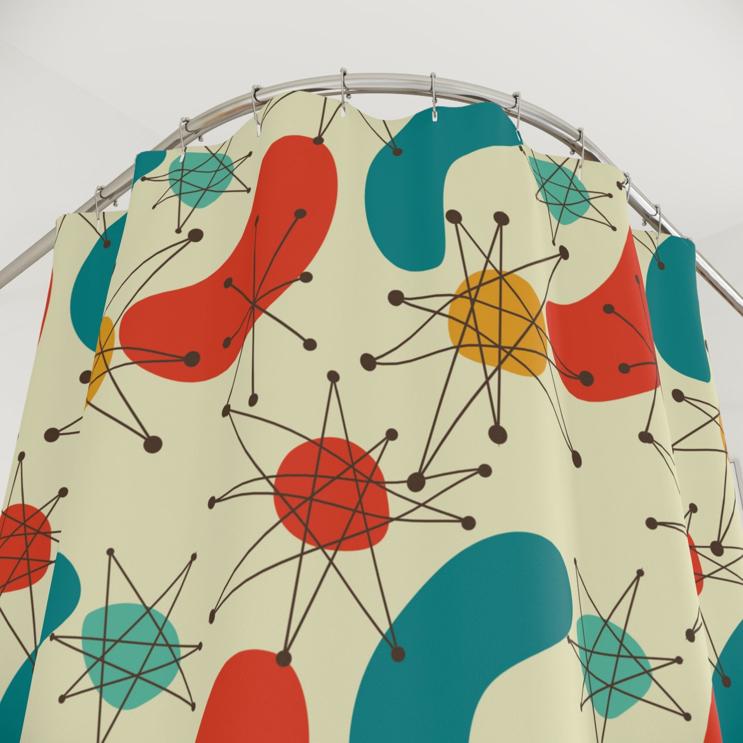 Retro Atomic Boomerang 50s 60s Mid Century Blue & Orange Shower Curtain