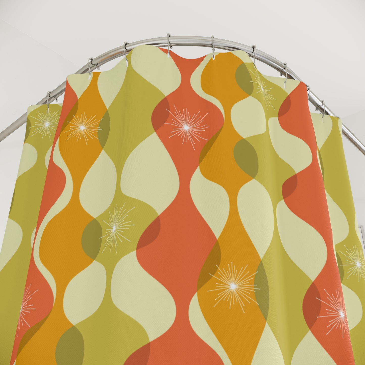 Retro 60s 70s Mid Century Mod Abstract Green, Orange & Mustard Shower Curtain