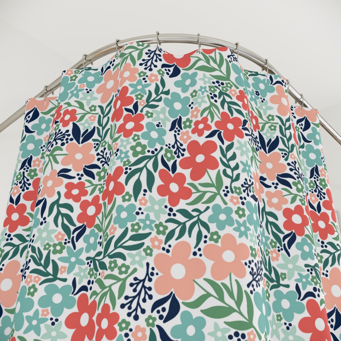 Minimalist Retro Scandi Floral Vintage Inspired Coral & Teal Cottagecore MCM Shower Curtain