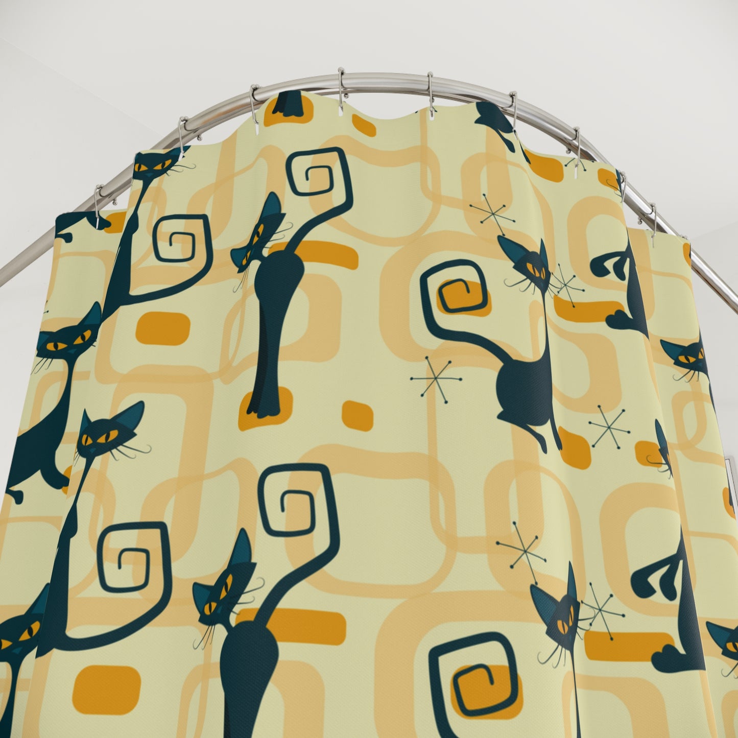 Retro Atomic Cat Mid Century Modern Yellow Shower Curtain