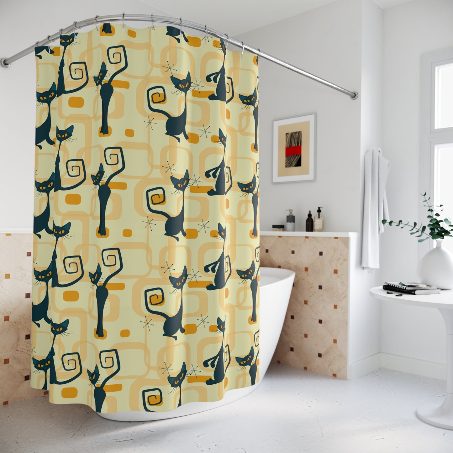 Retro Atomic Cat Mid Century Modern Yellow Shower Curtain