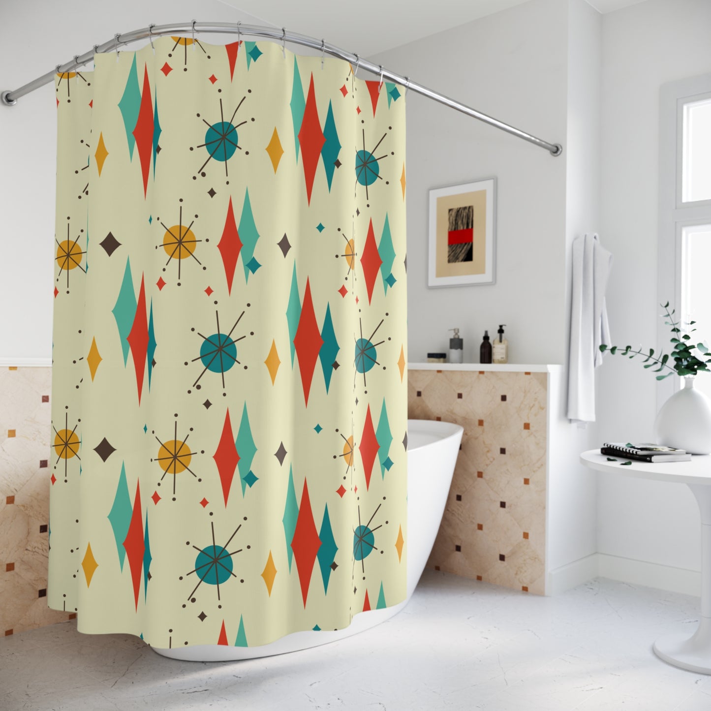Retro 1950s Atomic Diamond & Starburst Mid Century Mod Multicolor Shower Curtain