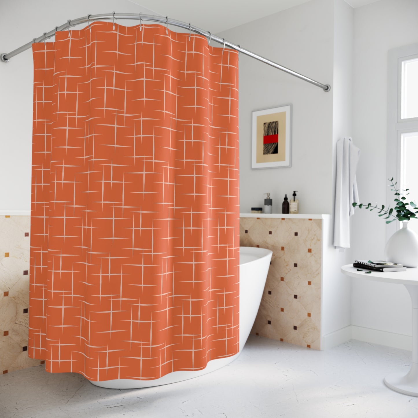 Retro 50s Abstract Lines Mid Century Modern Orange Shower Curtain