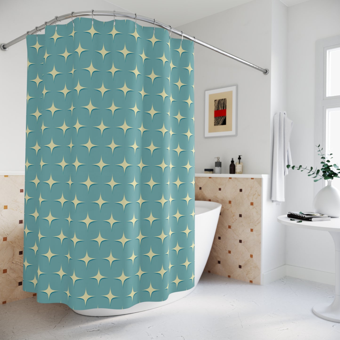 Mid Century Atomic Starburst Blue Shower Curtain