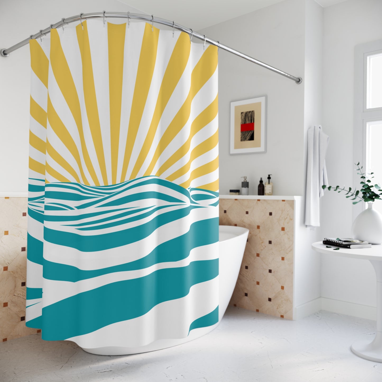 Minimalist Boho Sunrise Yellow, White & Blue MCM Shower Curtain