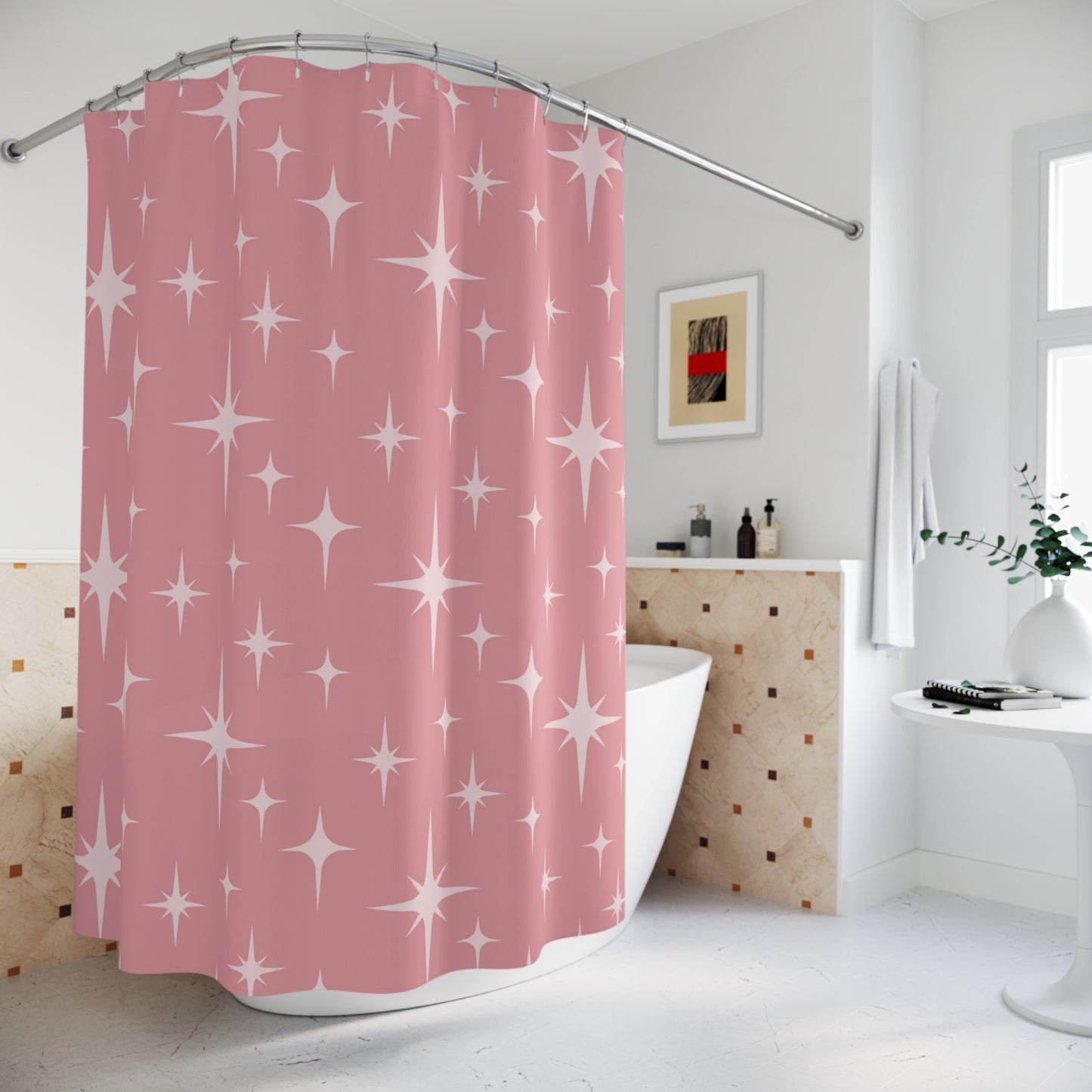 Retro 50s Atomic Starburst Pink Mid Century Modern Shower Curtain
