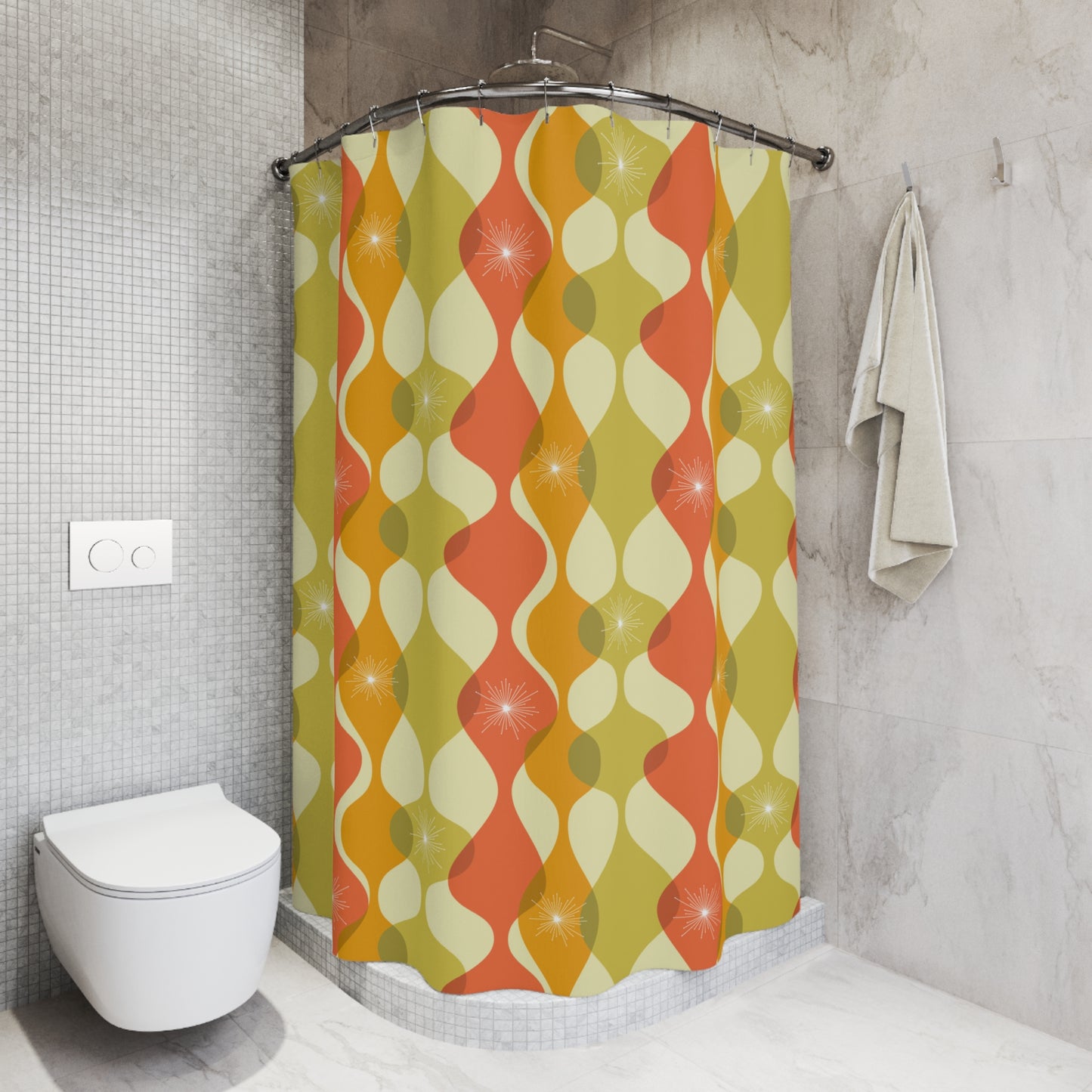Retro 60s 70s Mid Century Mod Abstract Green, Orange & Mustard Shower Curtain