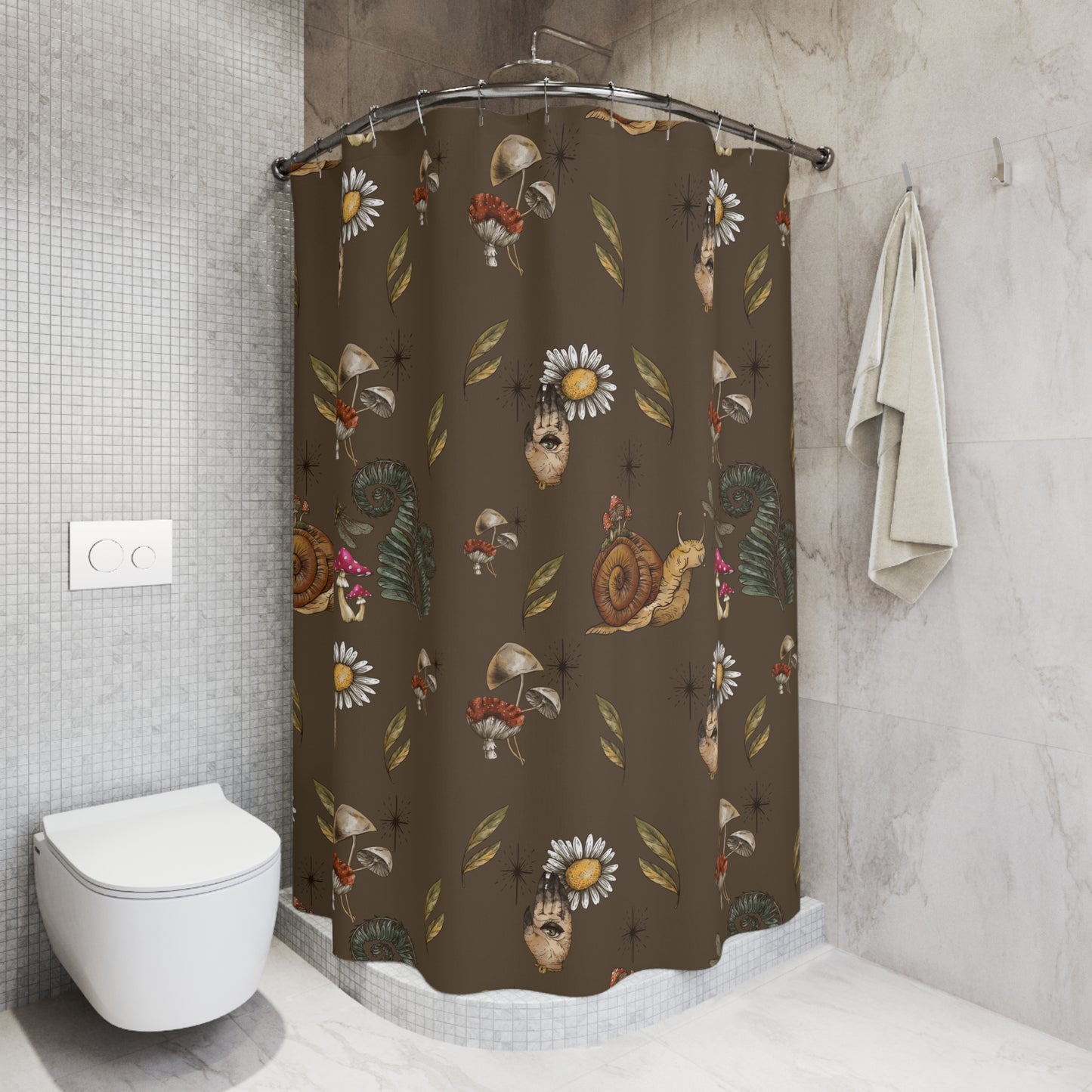 Boho Snail and Mushrooms Cottagecore Brown Shower Curtain