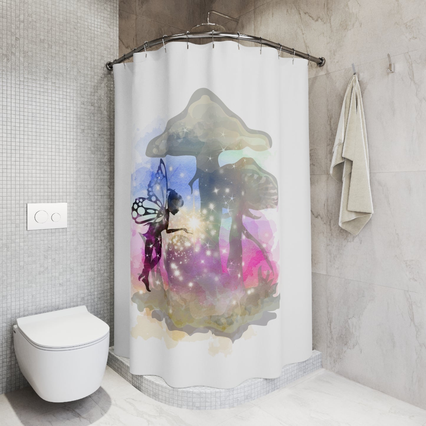 Fairy and Toad Stool Watercolor Style Whimsical Shower Curtain