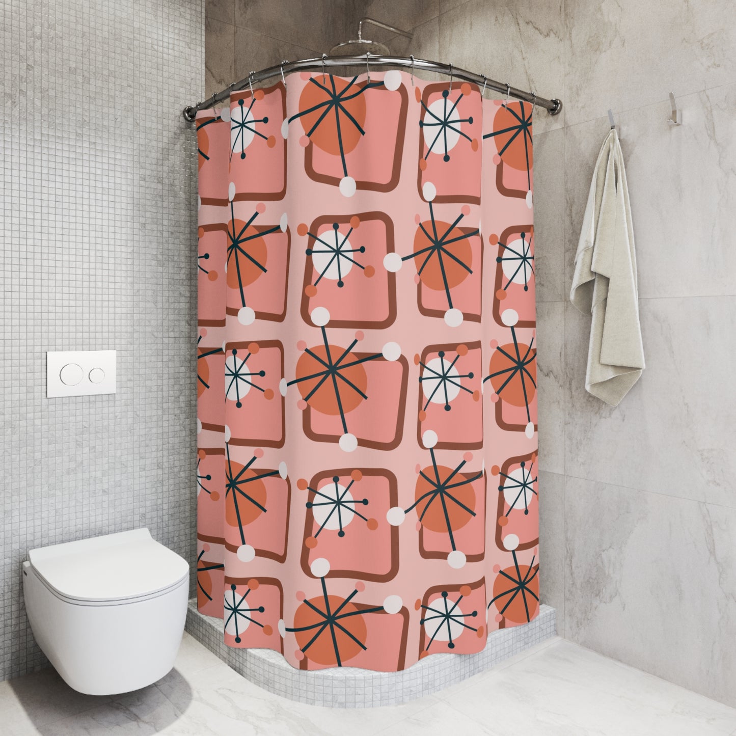 Mid Century 50's Atomic Burst Retro Pink Shower Curtain