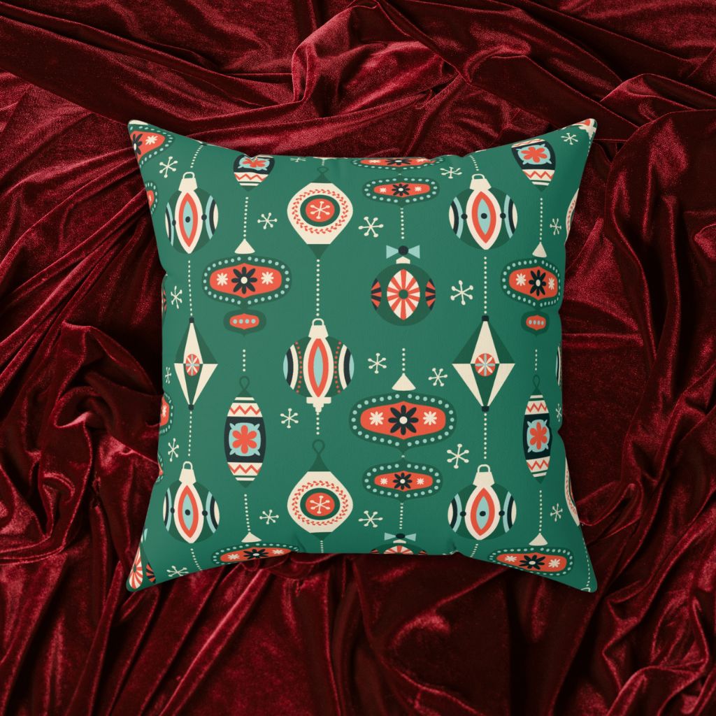 Retro 50's Mid Century Mod Baubles & Ornaments Green Christmas Throw Pillow