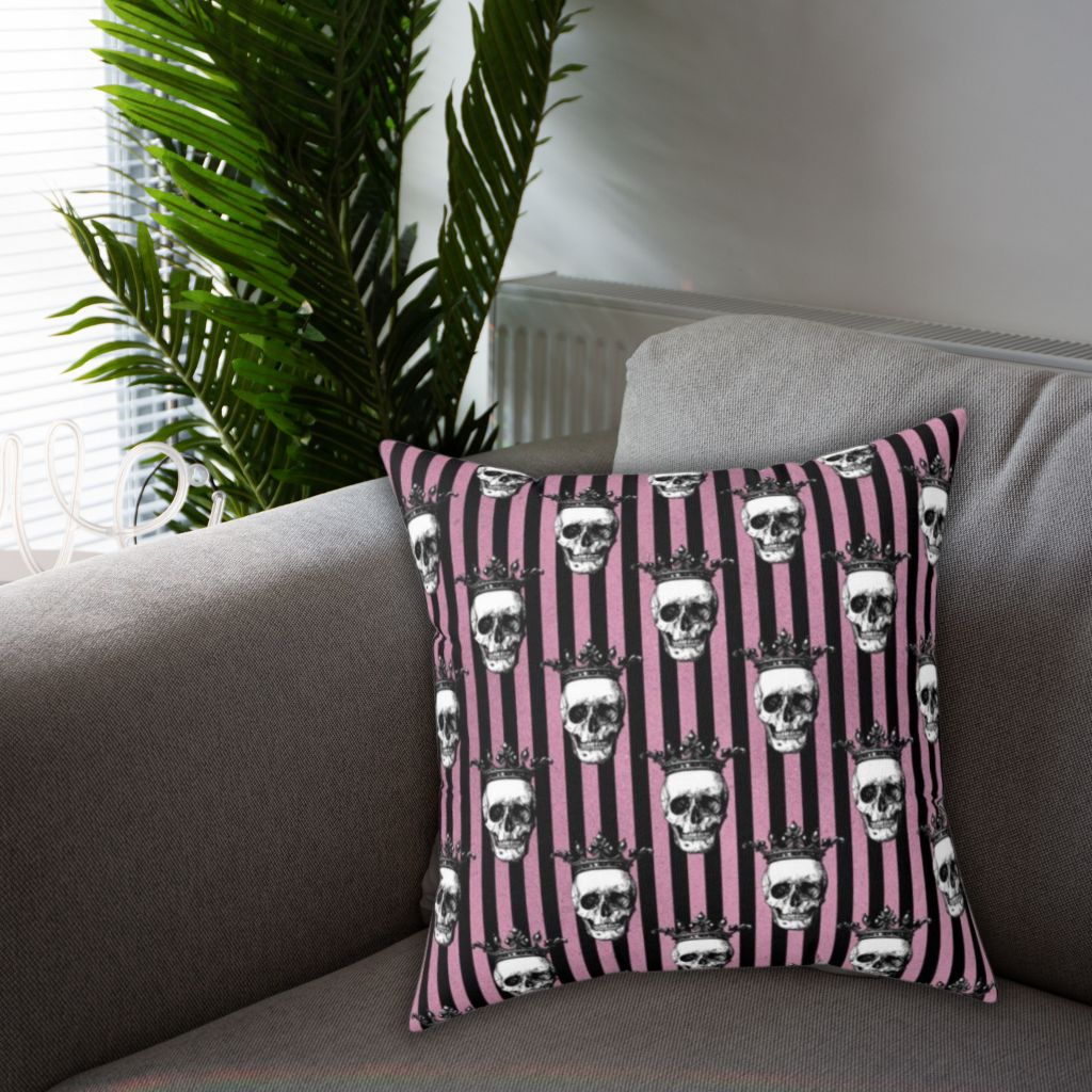Crowned Skulls Halloween & Glam Goth Pink and Black Skull Home Decor Pillow