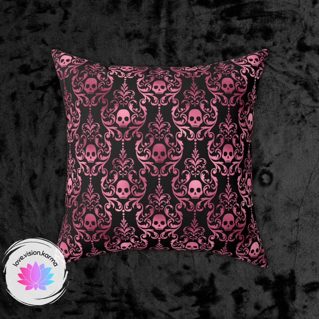 Goth Pink Skull Damask Halloween Glam Goth Black Throw Pillow