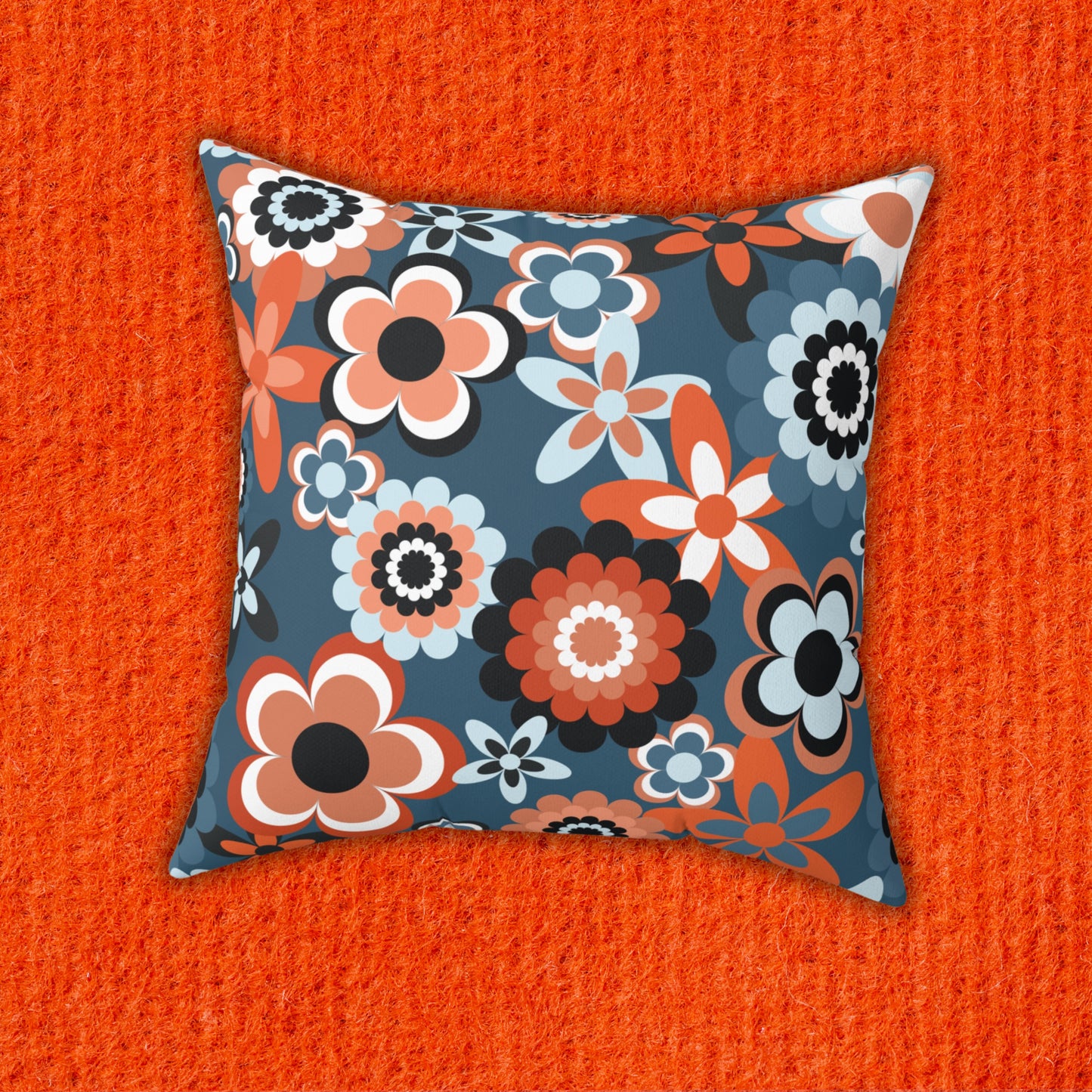 Retro 60s 70s Groovy Flowers Boho Mid Century Mod Coral & Blue Throw Pillow