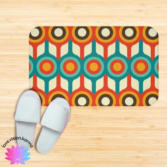 Retro 50s 60s Mid Century Circles Blue, Orange & Brown Bath Mat