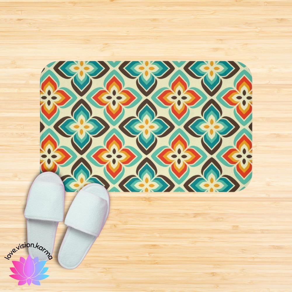 Retro 50s 60s Flowers Mid Century Blue & Orange Bath Mat