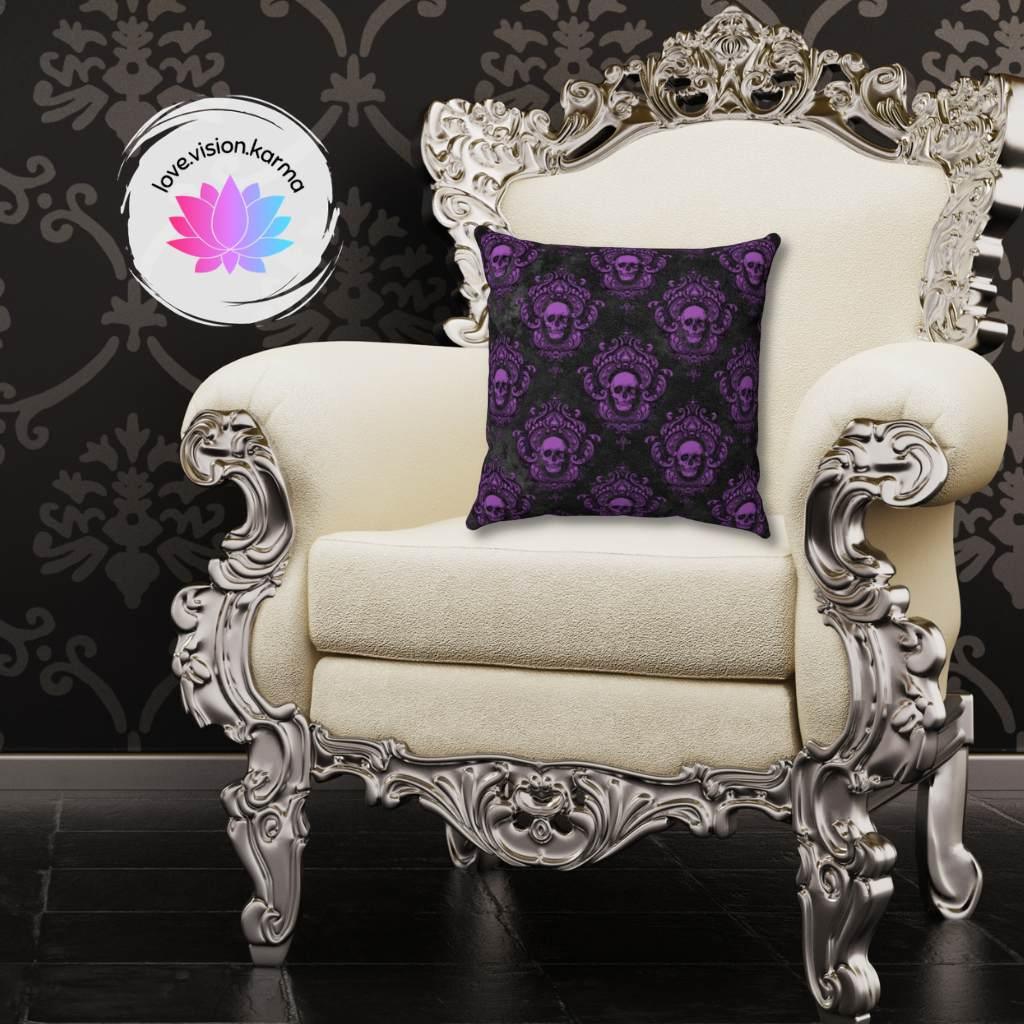 Gothic Purple Skulls on Black Halloween Pillow - Goth Glam Decor | lovevisionkarma.com