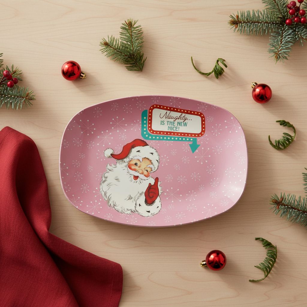 Vintage Santa Winking Cheeky Retro 50s Atomic Burst Mid Century Mod Pink Serving Tray, Party Platter