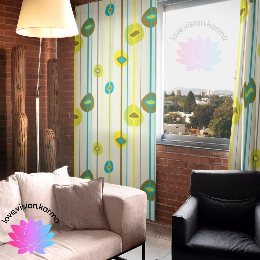 Retro 50s Mid Century Mod Orbs & Lines, Green & Blue Curtains | lovevisionkarma.com