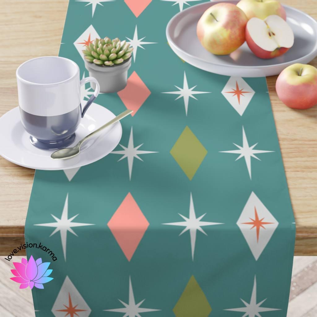 Retro Atomic Bursts & Diamonds MCM Teal, Pink & Green Table Runner | lovevisionkarma.com