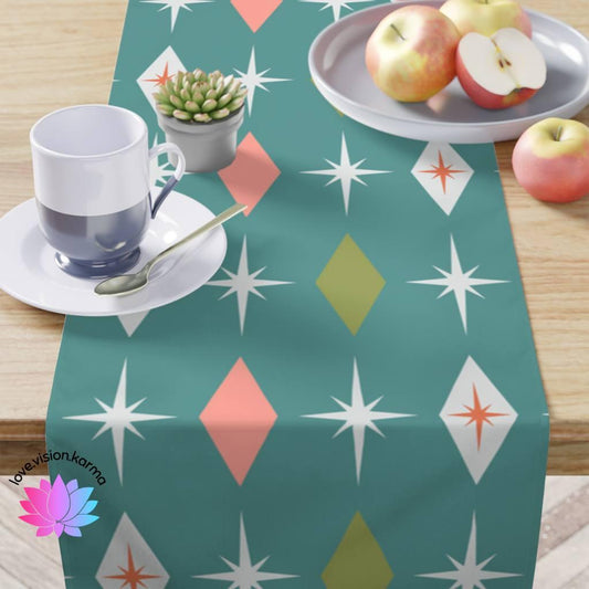 Retro Atomic Bursts & Diamonds MCM Teal, Pink & Green Table Runner | lovevisionkarma.com