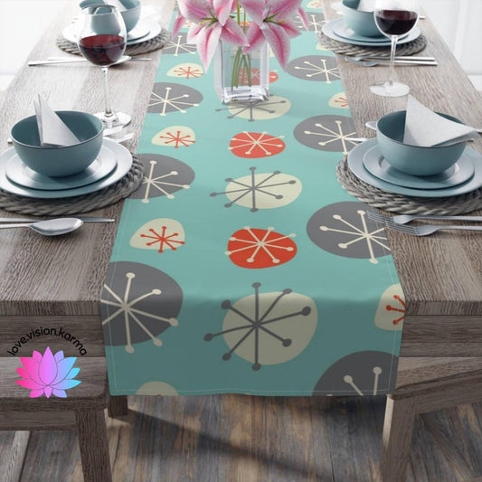 Mid Century Mod Christmas Table Runner, Blue, Grey and Orange Starbursts | lovevisionkarma.com