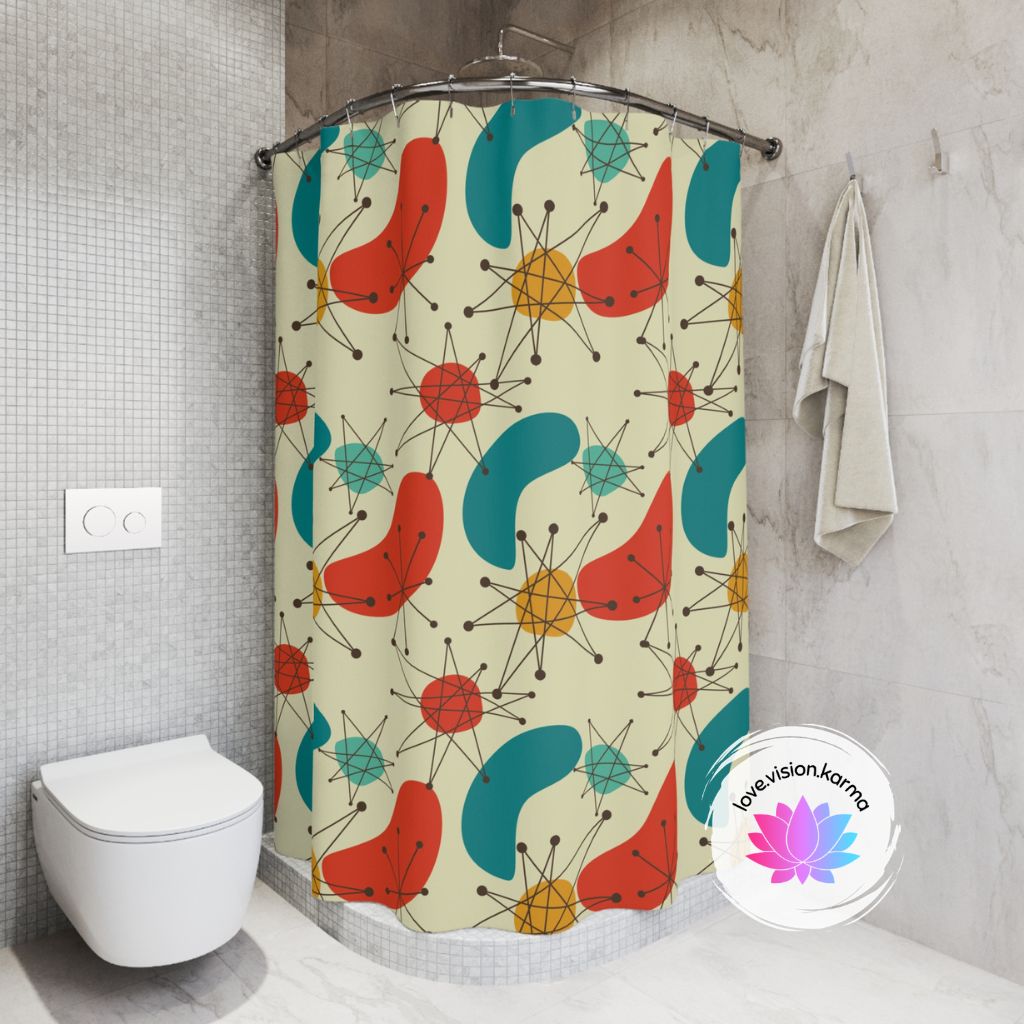 Retro Atomic Boomerang 50s 60s Mid Century Blue & Orange Shower Curtain