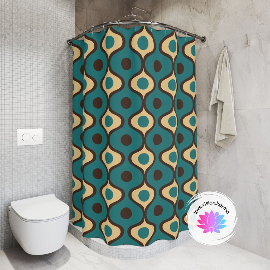 Retro Geometric Waves Mid Century Mod Blue Shower Curtain