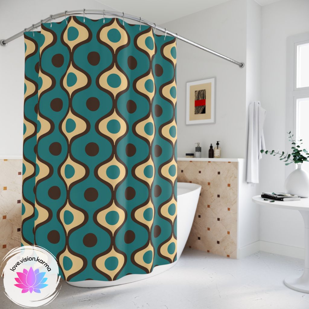 Retro Geometric Waves Mid Century Mod Blue Shower Curtain