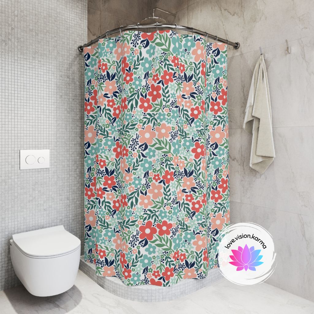 Minimalist Retro Scandi Floral Vintage Inspired Coral & Teal Cottagecore MCM Shower Curtain