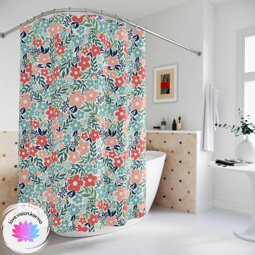 Minimalist Retro Scandi Floral Vintage Inspired Coral & Teal Cottagecore MCM Shower Curtain