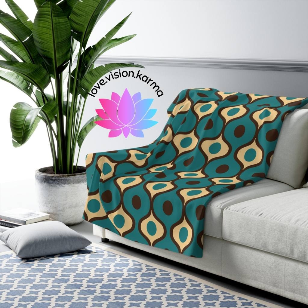 Retro 60s 70s Mid Century Mod Funky Geo Blue, Cream & Brown Lightweight Velveteen Blanket