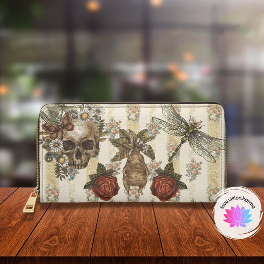 Cottagecore Dragonfly, Floral Skull and Mandrake Zipper Wallet | lovevisionkarma.com