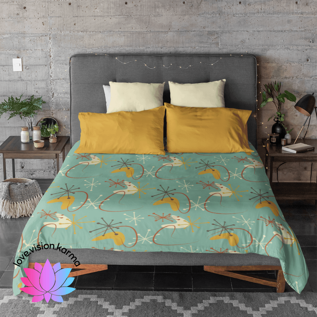 Retro Atomic Starburst & Boomerang Mid Century Blue & Mustard Duvet Cover