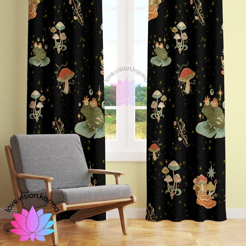 Boho Celestial Mushroom and Frog Multicolor Curtain Panels | lovevisionkarma.com